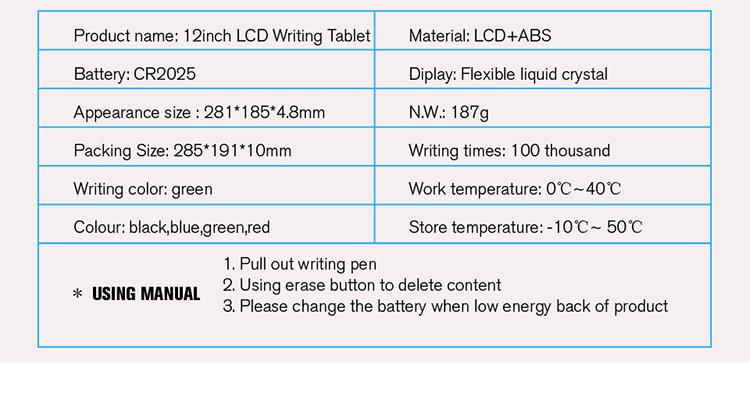 Hand Writing Board 12 Inch Eco-friendly LCD Tablet Rewritten Pad
